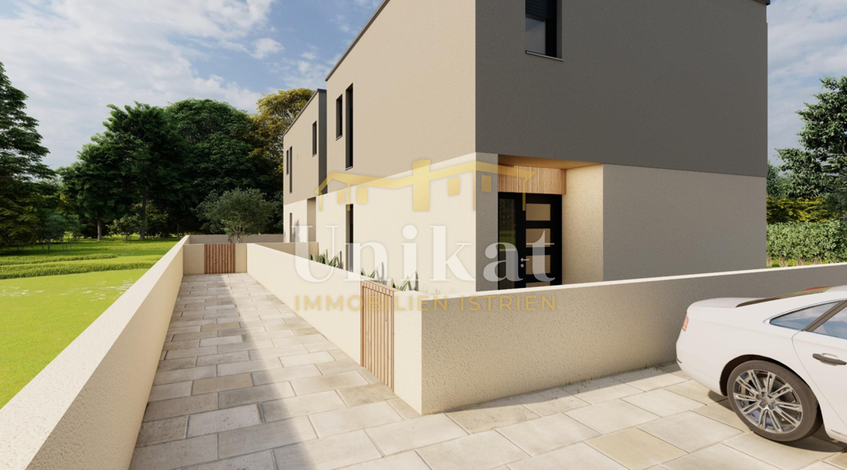 Progetto di nuova costruzione: casa bifamiliare con piscina, 2 camere da letto